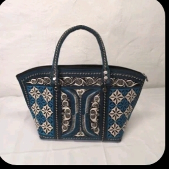 Banda Bags Handbags - Elegant Blue and White Handbag, Banda Bag Tote, Embroidered